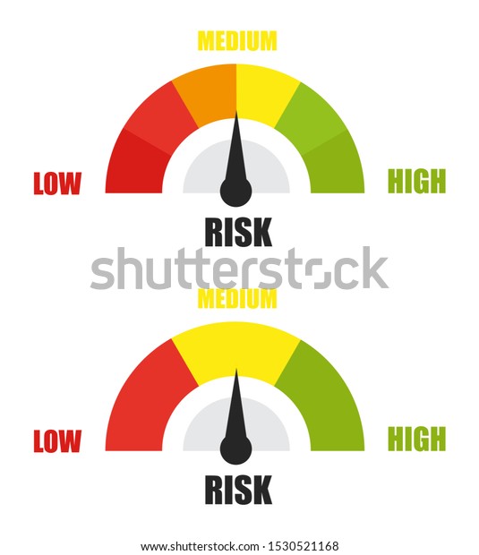 Risk concept on\
speedometer. Vector flat\
icon