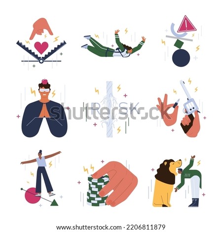 Risk concept set. Challenge, danger or difficulty to overcome. Potential danger and adrenalin. Fearless character risking life or money. Flat vector illustration