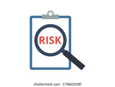Risk concept vector. Text on clipboard. Risk word with magnifying glass. Flat design on white background.