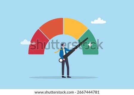 Risk control or employee performance measurement, rating evaluation level or efficiency score, quality analysis scale concept, businessman holding performance improvement or risk gauge indicator.
