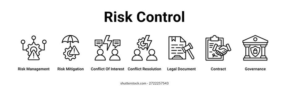Concepto de Ilustración vectorial de ícono de Anuncio de Web de control de riesgos para negocios con ícono de gestión de riesgos, mitigación de riesgos, conflicto de intereses, resolución de conflictos, documento legal.