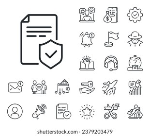 Risk coverage document sign. Salaryman, gender equality and alert bell outline icons. Insurance policy line icon. Policyholder symbol. Insurance policy line sign. Vector