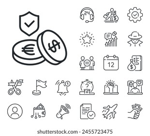 Risk coverage sign. Salaryman, gender equality and alert bell outline icons. Savings insurance line icon. Money protection symbol. Savings insurance line sign. Spy or profile placeholder icon. Vector