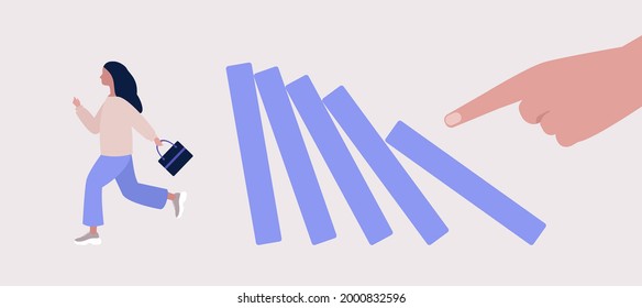 Risk, crisis concept. Young character runs from the domino effect. Vector illustration in a flat style