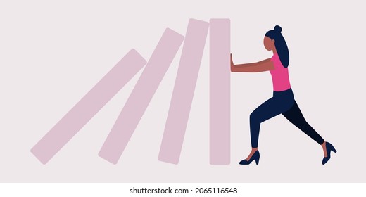 Risk, crisis concept. Young character stopping the domino effect. Vector illustration in a flat style