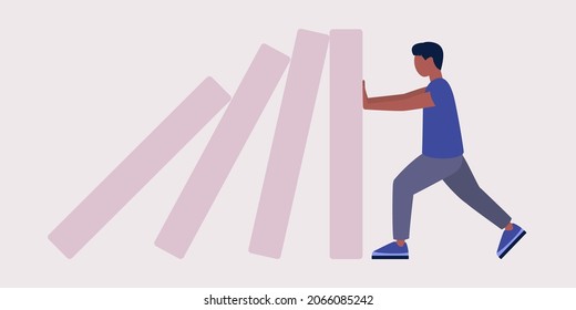 Risk, crisis concept. Young character stopping the domino effect. Vector illustration in a flat style