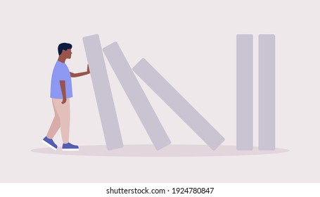 Risk, crisis concept. Young man stopping the domino effect. Vector illustration in a flat style
