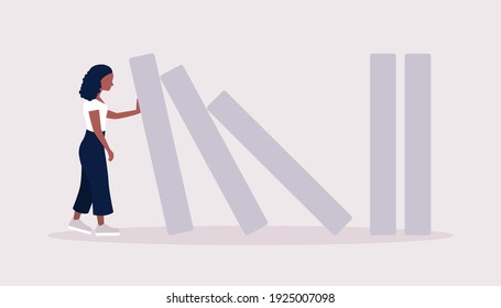 Risk, crisis concept. Young woman stopping the domino effect. Vector illustration in a flat style