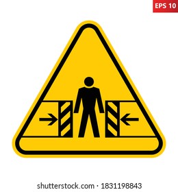 Risk of crushing warning sign. Vector illustration of yellow triangle sign with man and crushing icon inside. Pinch symbol isolated on white background. Caution body crash hazard.