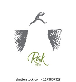 Risk, danger, business, challenge, person concept. Hand drawn man jumps over the abyss concept sketch. Isolated vector illustration.