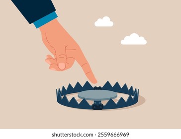 Risk and danger. Businessman finger pointing at empty metallic trap. Flat vector illustration. 