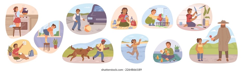 Risk and danger for children at home and outside. Appliances and chemical detergents, animals and nature hazards outdoors. Flat cartoon, vector illustration