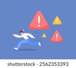 risk and danger concept. getting a warning of danger. avoiding accidents and problems. running away from problems. illustration of a man running and being chased by a warning of danger. flat style