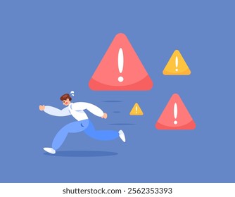 risk and danger concept. getting a warning of danger. avoiding accidents and problems. running away from problems. illustration of a man running and being chased by a warning of danger. flat style