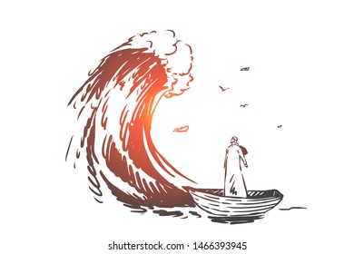 Risk, danger, crisis, bankruptcy concept sketch. Man from Saudi Arabia standing on boat and looking at huge wave ahead. Hand drawn isolated vector illustration
