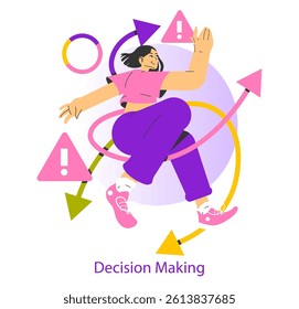 Risk in decision making illustrated through a dynamic figure navigating choices and challenges. Visual representation of actions, directions, and cautionary symbols. Vector illustration.