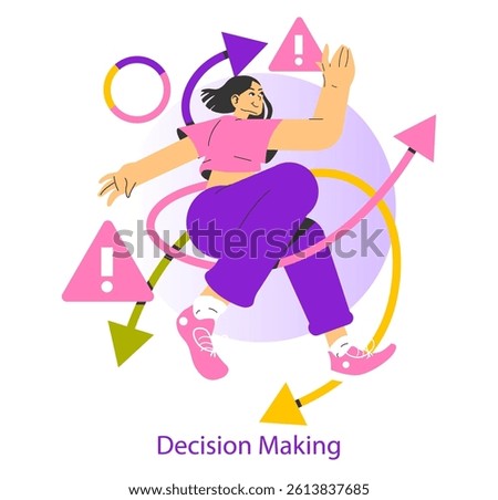 Risk in decision making illustrated through a dynamic figure navigating choices and challenges. Visual representation of actions, directions, and cautionary symbols. Vector illustration.