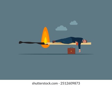 Risk of delaying work. Businessman sleeping on a burning matchstick. Modern vector illustration in flat style