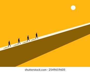 Risk and difficult business path. Group of businessmen walking on a wall or a narrow path vector