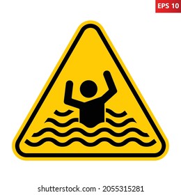 Risk of drowning warning sign. Vector illustration of yellow triangle sign with sinking man. Caution high water level. Symbol used near water body. Deep ocean, sea and lake concept. Deep water symbol.