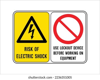 Risk of Electric shock, Use lockout device before working on equipment - Multiple Safety Warning Signs - International Hazard, Danger, Prohibition, and Mandatory Signs