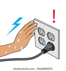 Risk of electric shock: wet hand near an electrical outlet - electrical safety concept