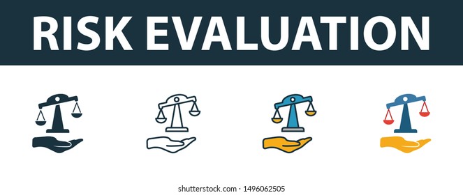 Risk Evaluation icon set. Four elements in diferent styles from insurance icons collection. Creative risk evaluation icons filled, outline, colored and flat symbols.