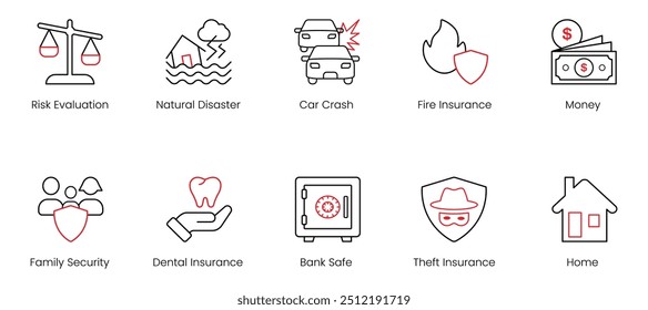 Evaluación de Riesgos, Desastres Naturales, Accidente de Coche, Seguro de Incendio, Dinero, Seguridad Familiar, Seguro Dental, Robo Bancario, Seguro de Robo, Conjunto de Iconos de Vector en Casa