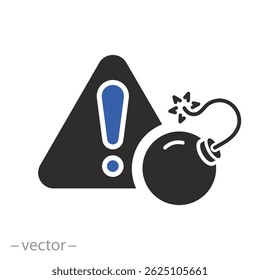 risk of explosion icon, explosives hazard warning, bomb, exclamation mark, flat vector illustration