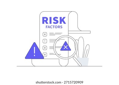 Análisis de factores de riesgo. Documento con lupa y señal de advertencia. El documento muestra el riesgo comercial. Gestión de riesgos, errores de negocio, estrategia y planificación Ilustración vectorial plana de dibujos animados, icono Diseño abstracto con estilo Web de página de destino
