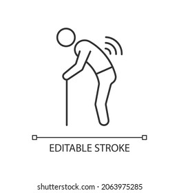 Risk factor linked to age linear icon. Elderly man with back ache. Spinal arthritis development. Thin line customizable illustration. Contour symbol. Vector isolated outline drawing. Editable stroke