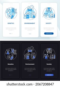 Risk factors for ADHD onboarding mobile app page screen. Environment walkthrough 3 steps graphic instructions with concepts. UI, UX, GUI vector template with linear night and day mode illustrations