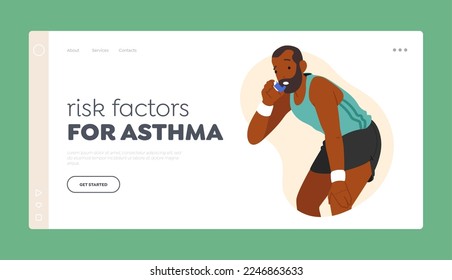 Factores de riesgo para la plantilla de la página de aterrizaje del asma. Carácter masculino negro usa una causa inhalante para el ataque de asma durante el brote matutino o ejercicios deportivos, enfermedad respiratoria. Ilustración de vectores de personas de caricatura