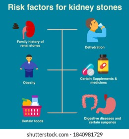 Risk Factors For Kidney Stones Are Family History Obesity Dehydration Certain Medicines Digestive Disease And Surgeries Certain Foods On A Blue Background