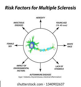 Risk factors for multiple sclerosis. The destruction of the myelin sheath on the axon. Damaged myelin. World Multiple Sclerosis Day. Infographics. Vector illustration on isolated background.