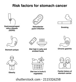 Risk factors for stomach cancer outline flat vector icon collection set