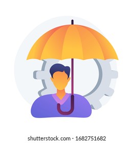 Risk financing, financial security, investment defense. Commercial insurance, business protection, company safety. Insurance agent cartoon character. Vector isolated concept metaphor illustration