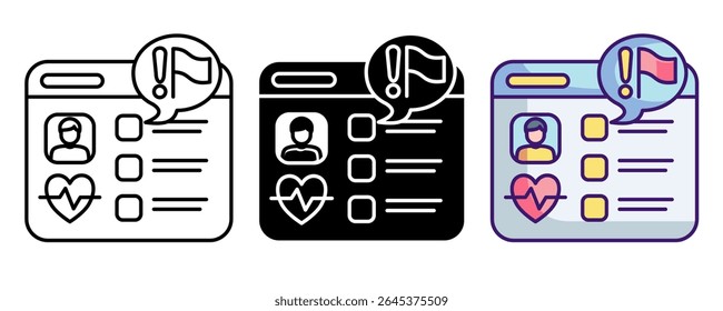 Risk flag icon represented by flag,exclamation mark,checklist,heartbeat,chat,human avatar,dahsboard Line, Filled, Color style.