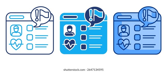 Risk flag icon represented by flag,exclamation mark,checklist,heartbeat,chat,human avatar,dahsboard Blue, Dualline, Dualtone style.
