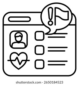 Risk flag icon represented by flag,exclamation mark,checklist,heartbeat,chat,human avatar,dahsboard Line style.
