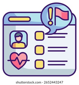 Risk flag icon represented by flag,exclamation mark,checklist,heartbeat,chat,human avatar,dahsboard Lineal Color style.