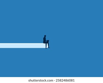 Risk, focus on work, businessman working on laptop at the end of a jumping off point