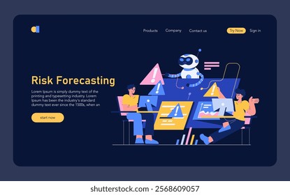 Risk Forecasting concept. Vector illustration of a person analyzing data with a robot, depicting the collaboration in predicting potential risks.