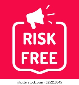 Risk free. Badge with megaphone icon. Flat vector illustration on red background.