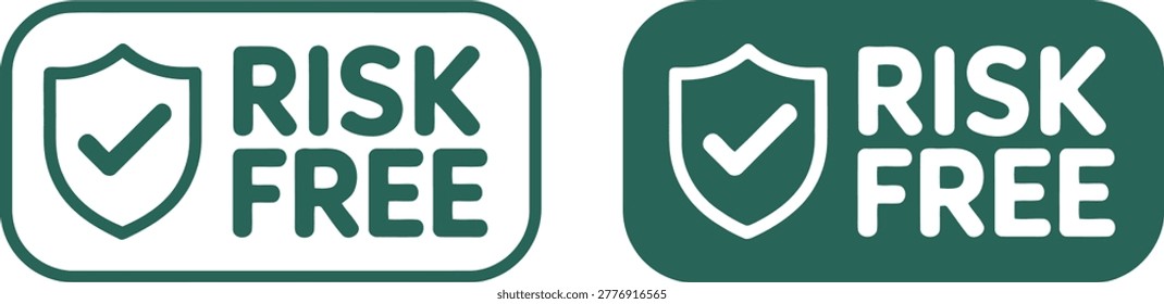 Risk free label with shield check icon in green and white, isolated on a clean background