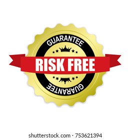 Risk Free Round Gold Badge With Red Ribbon.vector Illustration