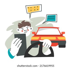 Riesgo de tener un accidente por conducir y usar un smartphone para hablar y enviar mensajes de texto. Hombre con teléfono charlando por el volante. Posibilidad de incidente en la autopista.Vector de estilo plano