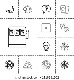 Risk icon. collection of 13 risk outline icons such as cigarette, spider web, exclamation, no smoking, skull, slot machine. editable risk icons for web and mobile.