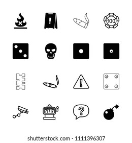 Risk icon. collection of 16 risk filled and outline icons such as dice, bomb, skull, slot machine, 100 casino chip, security camera. editable risk icons for web and mobile.