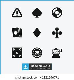 Risk icon. collection of 9 risk filled icons such as playing card, spades, clubs, slot machine, lifebuoy, diamonds, 25 casino chip. editable risk icons for web and mobile.